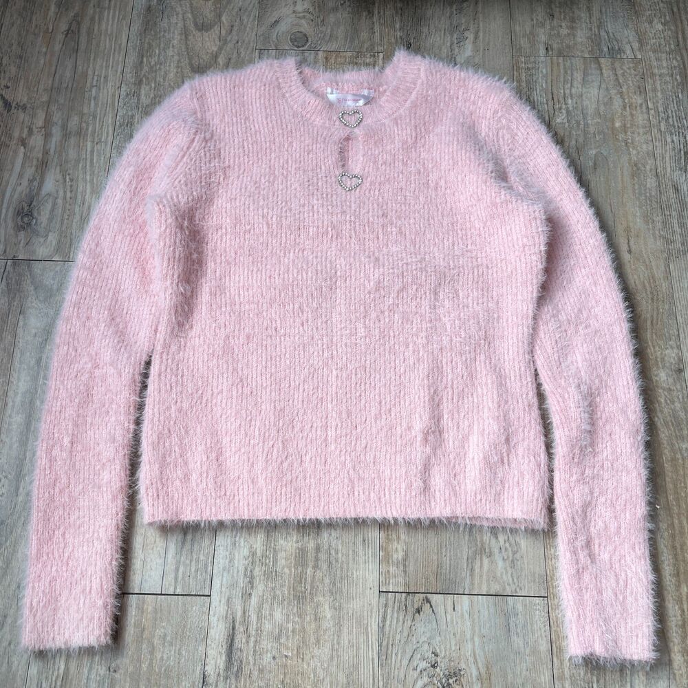 Cute Y2K Sweater L Vera Pink Fuzzy Heart Cutout Sweater Rhinestone Valentines